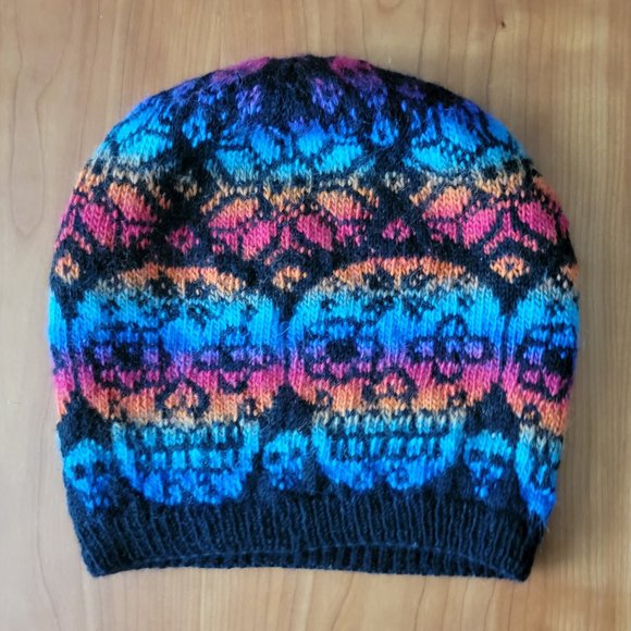 Hand Crafted Accessories - Hand Crafted Hand Knit Sugar Skull 💀 Slouchy Beanie Hat - Rainbow Colors